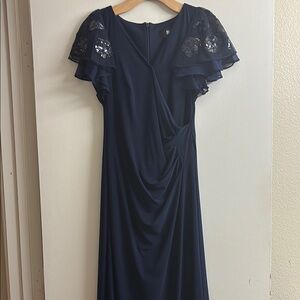 R&M Richards Blue Flutter Sleeve Maxi Gown
